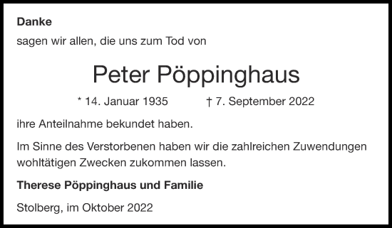 Traueranzeige von Peter Pöppinghaus von Zeitung am Sonntag
