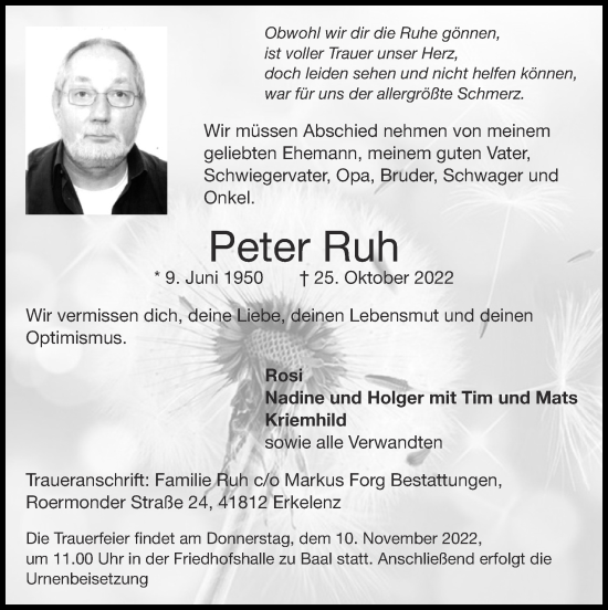 Traueranzeige von Peter Ruh von Zeitung am Sonntag