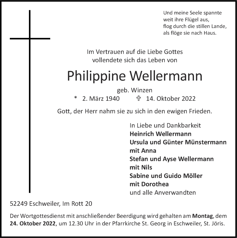  Traueranzeige für Philippine Wellermann vom 23.10.2022 aus Zeitung am Sonntag