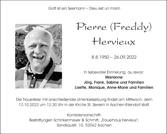Traueranzeige von Pierre Hervieux von Aachener Zeitung / Aachener Nachrichten