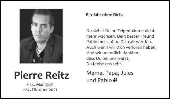 Traueranzeige von Pierre Reitz von Zeitung am Sonntag
