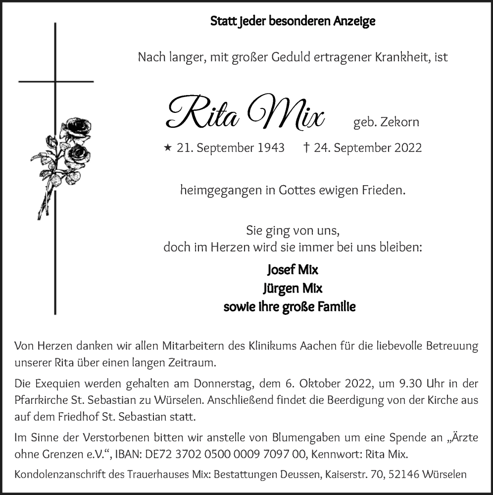  Traueranzeige für Rita Mix vom 02.10.2022 aus Zeitung am Sonntag