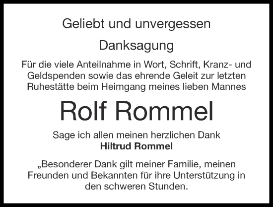 Traueranzeige von Rolf Rommel von Zeitung am Sonntag