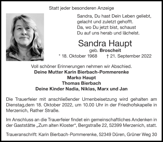 Traueranzeige von Sandra Haupt von Aachener Zeitung / Aachener Nachrichten