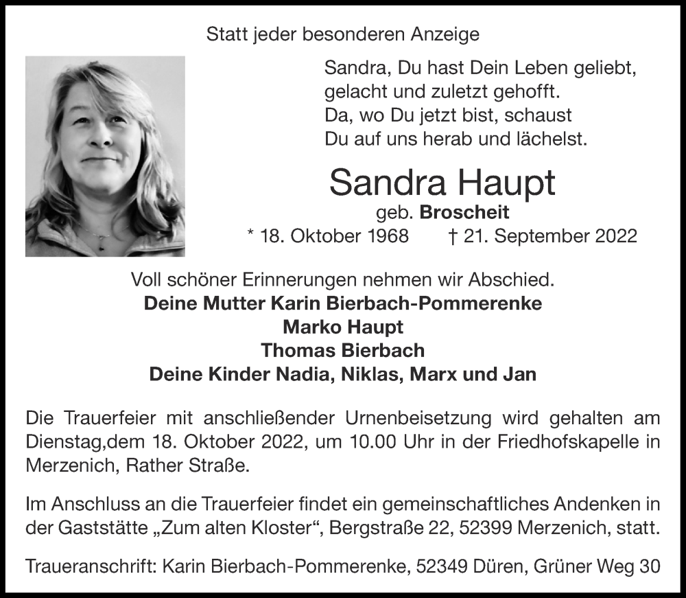  Traueranzeige für Sandra Haupt vom 08.10.2022 aus Aachener Zeitung / Aachener Nachrichten