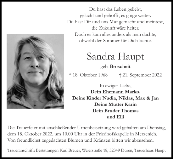 Traueranzeige von Sandra Haupt von Zeitung am Sonntag