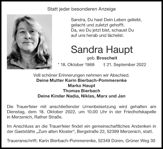Traueranzeige von Sandra Haupt von Zeitung am Sonntag