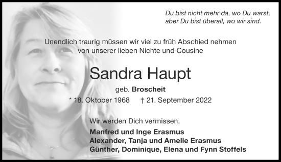 Traueranzeige von Sandra Haupt von Aachener Zeitung / Aachener Nachrichten