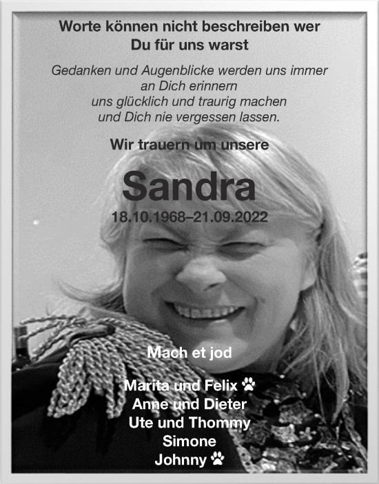 Traueranzeige von Sandra Haupt von Zeitung am Sonntag