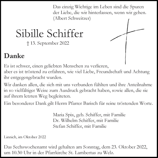 Traueranzeige von Sibille Schiffer von Zeitung am Sonntag