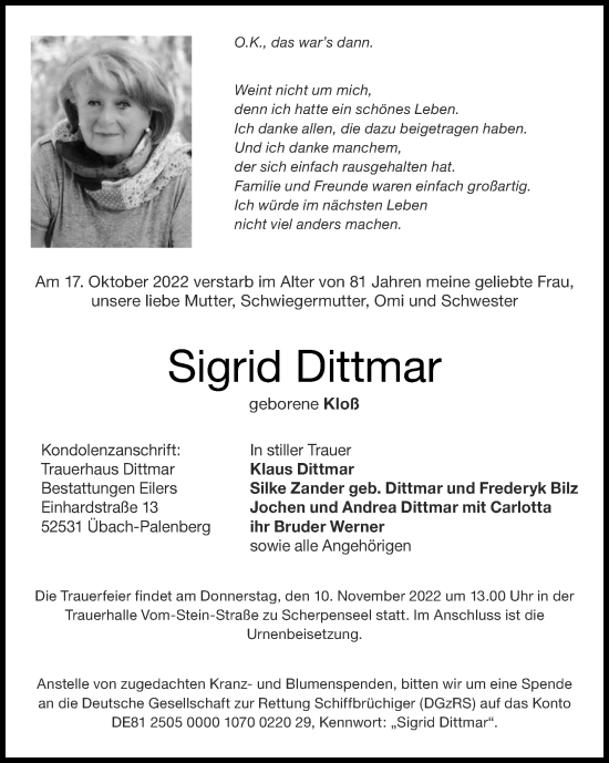 Traueranzeige von Sigrid Dittmar von Zeitung am Sonntag