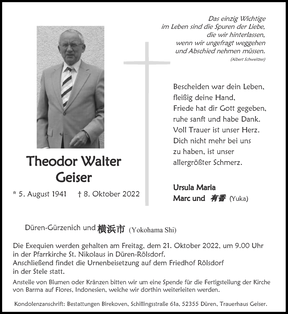  Traueranzeige für Theodor Walter Geiser vom 16.10.2022 aus Zeitung am Sonntag