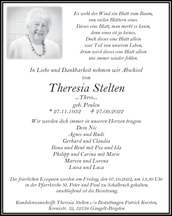 Traueranzeige von Theresia Stelten von Zeitung am Sonntag