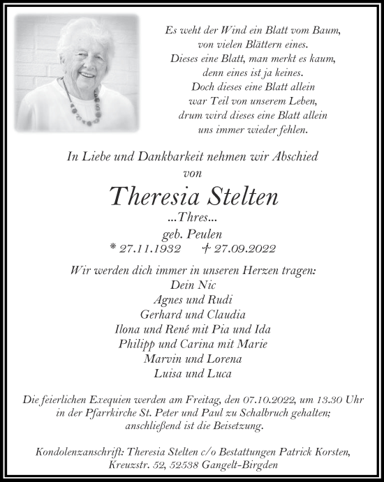 Traueranzeige von Theresia Stelten von Aachener Zeitung / Aachener Nachrichten