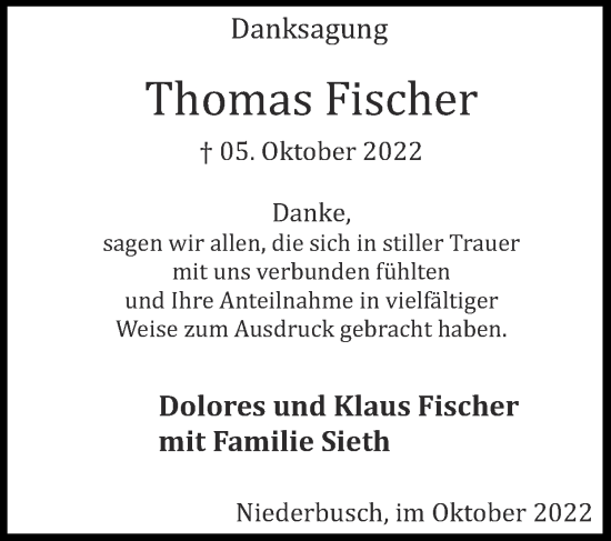 Traueranzeige von Thomas Fischer von Zeitung am Sonntag