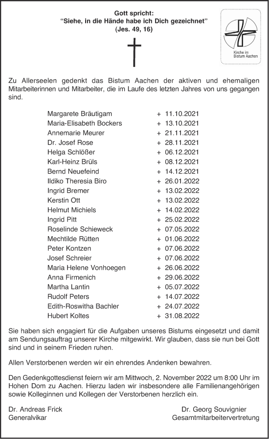 Traueranzeige von Totentafel Bistum Aachen  von Aachener Zeitung / Aachener Nachrichten