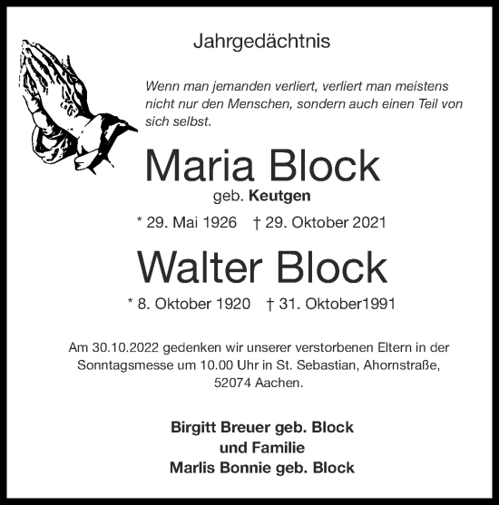 Traueranzeige von Walter Block von Zeitung am Sonntag