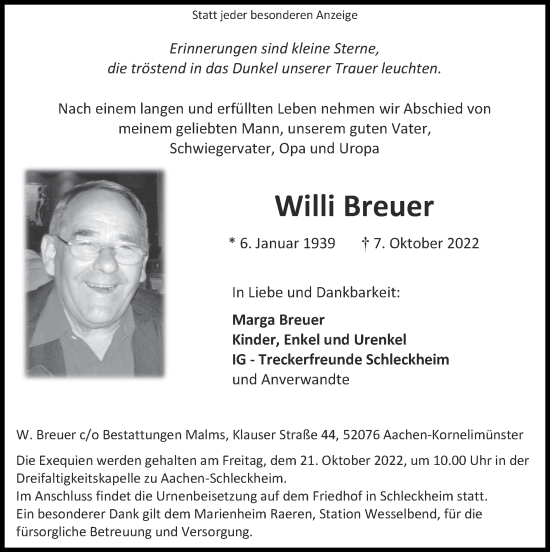 Traueranzeige von Willi Breuer von Zeitung am Sonntag