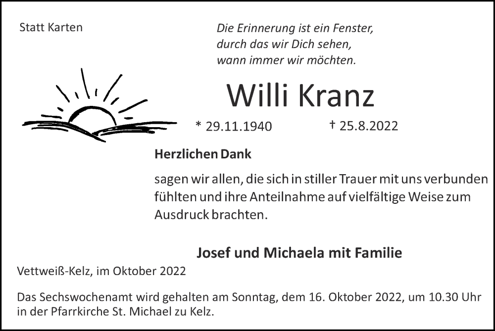  Traueranzeige für Willi Kranz vom 09.10.2022 aus Zeitung am Sonntag