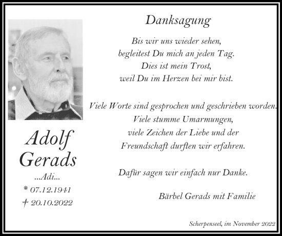 Traueranzeige von Adolf Gerads von Zeitung am Sonntag