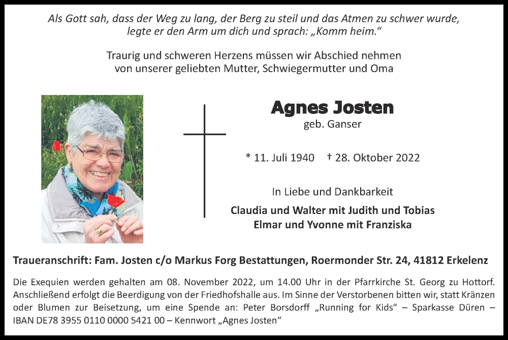  Traueranzeige für Agnes Josten vom 06.11.2022 aus Zeitung am Sonntag