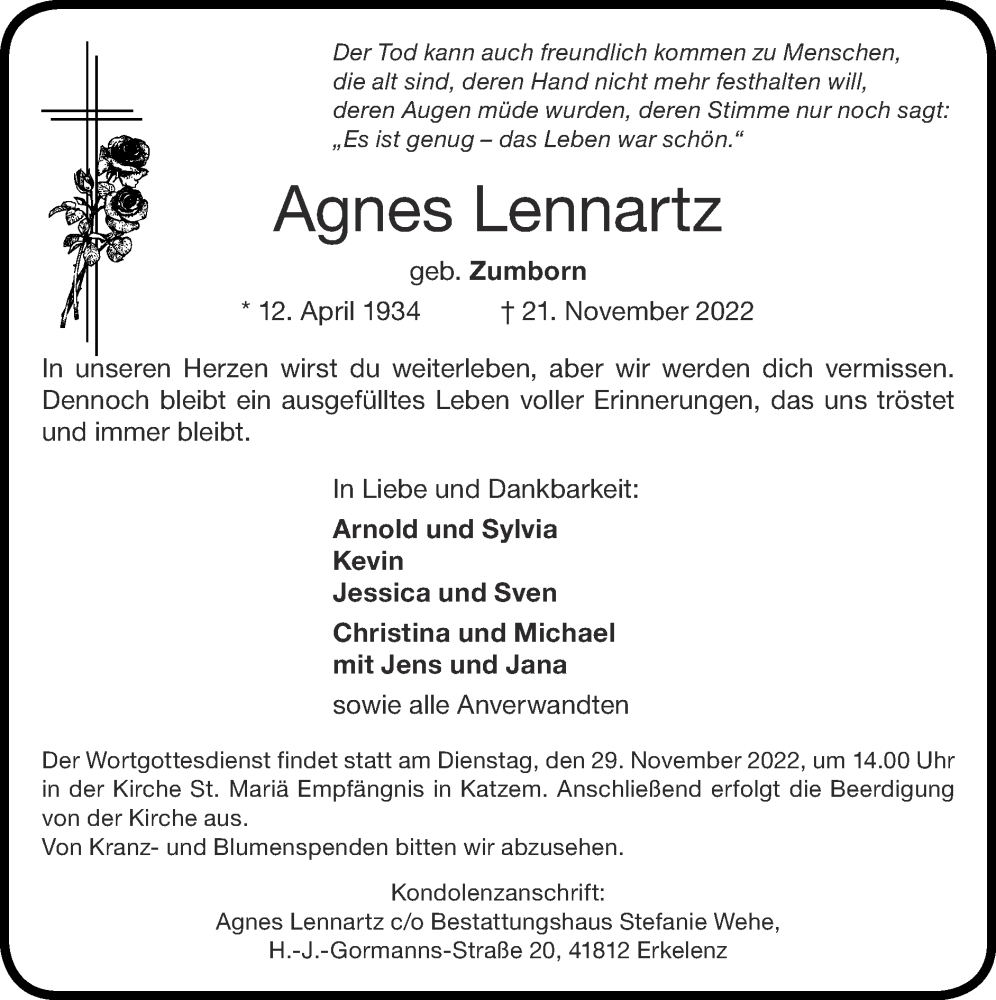  Traueranzeige für Agnes Lennartz vom 27.11.2022 aus Zeitung am Sonntag