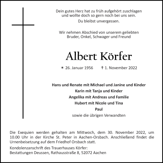Traueranzeige von Albert Körfer von Zeitung am Sonntag