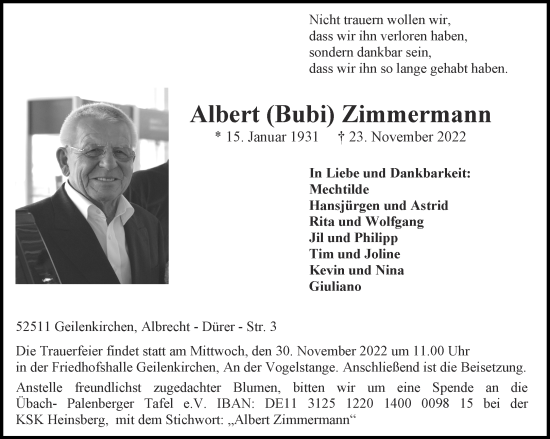 Traueranzeige von Albert Zimmermann von Aachener Zeitung / Aachener Nachrichten