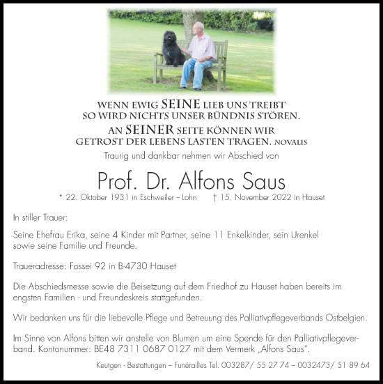 Traueranzeige von Alfons Saus von Aachener Zeitung / Aachener Nachrichten