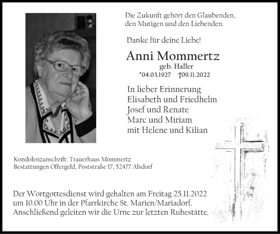 Traueranzeige von Anni Mommertz von Zeitung am Sonntag