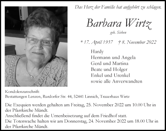 Traueranzeige von Barbara Wirtz von Zeitung am Sonntag