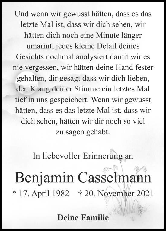 Traueranzeige von Benjamin Casselmann von Zeitung am Sonntag