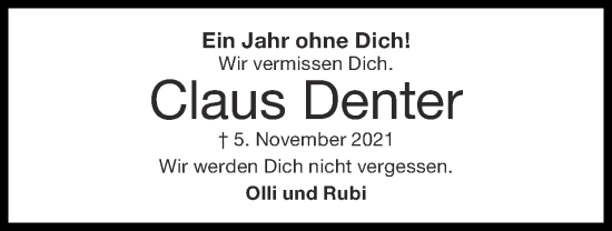 Traueranzeige von Claus Denter von Zeitung am Sonntag