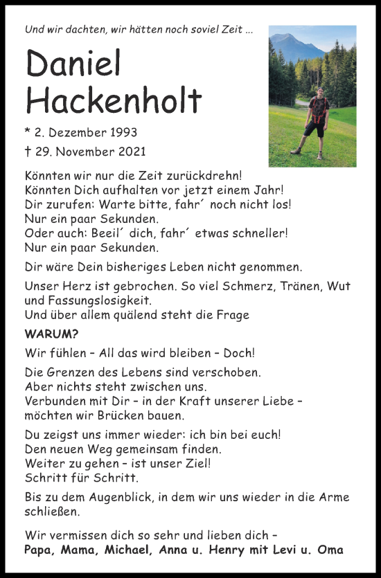 Traueranzeige von Daniel Hackenholt von Zeitung am Sonntag