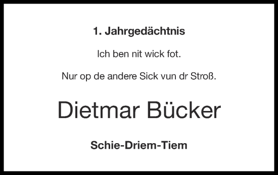 Traueranzeige von Dietmar Bücker von Zeitung am Sonntag