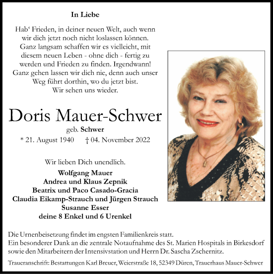 Traueranzeige von Doris Mauer-Schwer von Zeitung am Sonntag