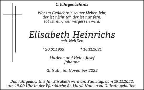 Traueranzeige von Elisabeth Heinrichs von Zeitung am Sonntag