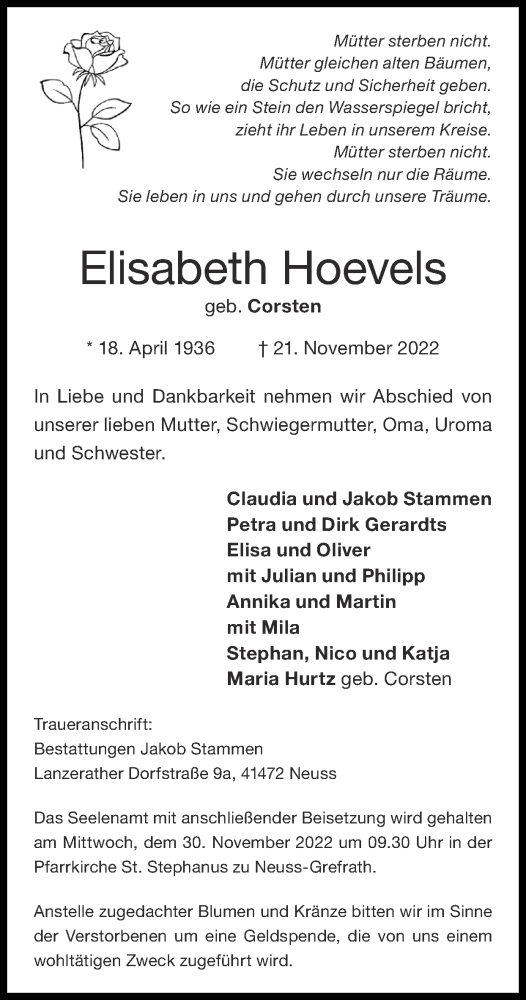  Traueranzeige für Elisabeth Hoevels vom 27.11.2022 aus Zeitung am Sonntag
