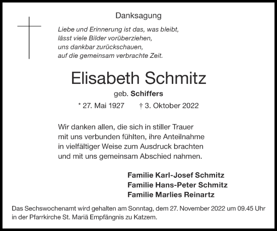 Traueranzeige von Elisabeth Schmitz von Zeitung am Sonntag