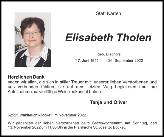 Traueranzeige von Elisabeth Tholen von Zeitung am Sonntag