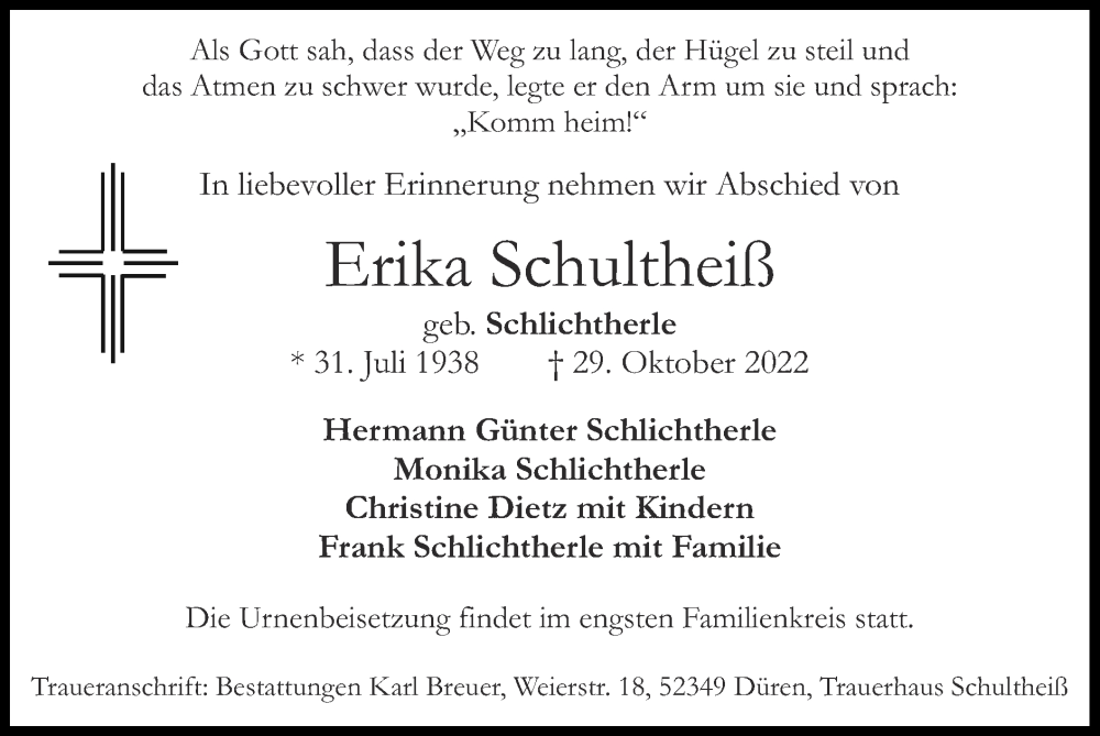  Traueranzeige für Erika Schultheiß vom 06.11.2022 aus Zeitung am Sonntag