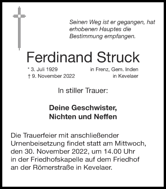 Traueranzeige von Ferdinand Struck von Zeitung am Sonntag