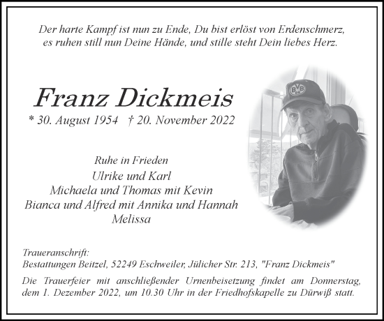 Traueranzeige von Franz Dickmeis von Zeitung am Sonntag