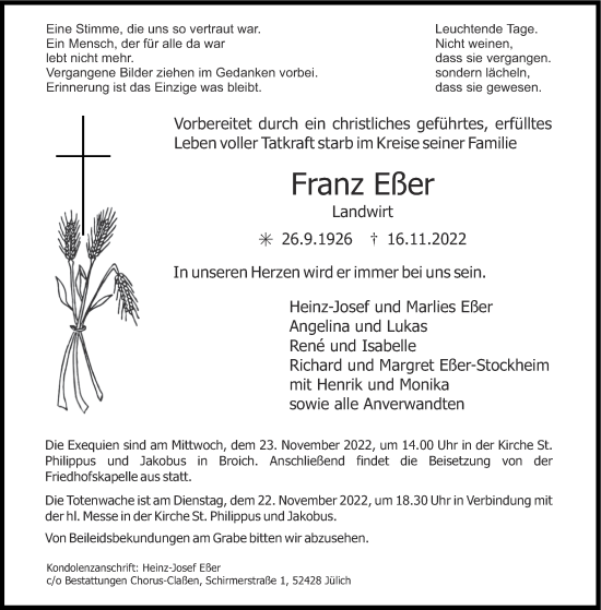 Traueranzeige von Franz Eßer von Aachener Zeitung / Aachener Nachrichten