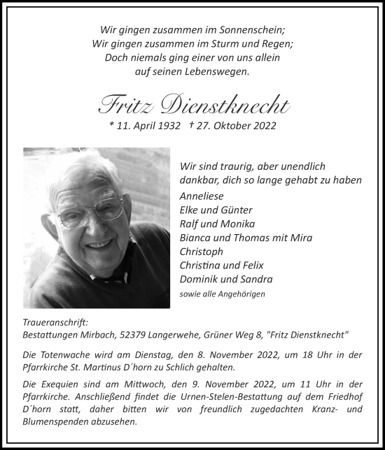 Traueranzeige von Fritz Dienstknecht von Zeitung am Sonntag