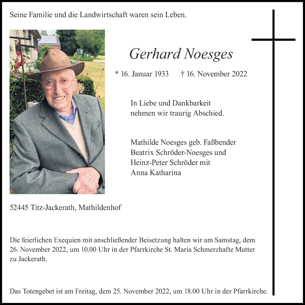  Traueranzeige für Gerhard Noesges vom 20.11.2022 aus Zeitung am Sonntag