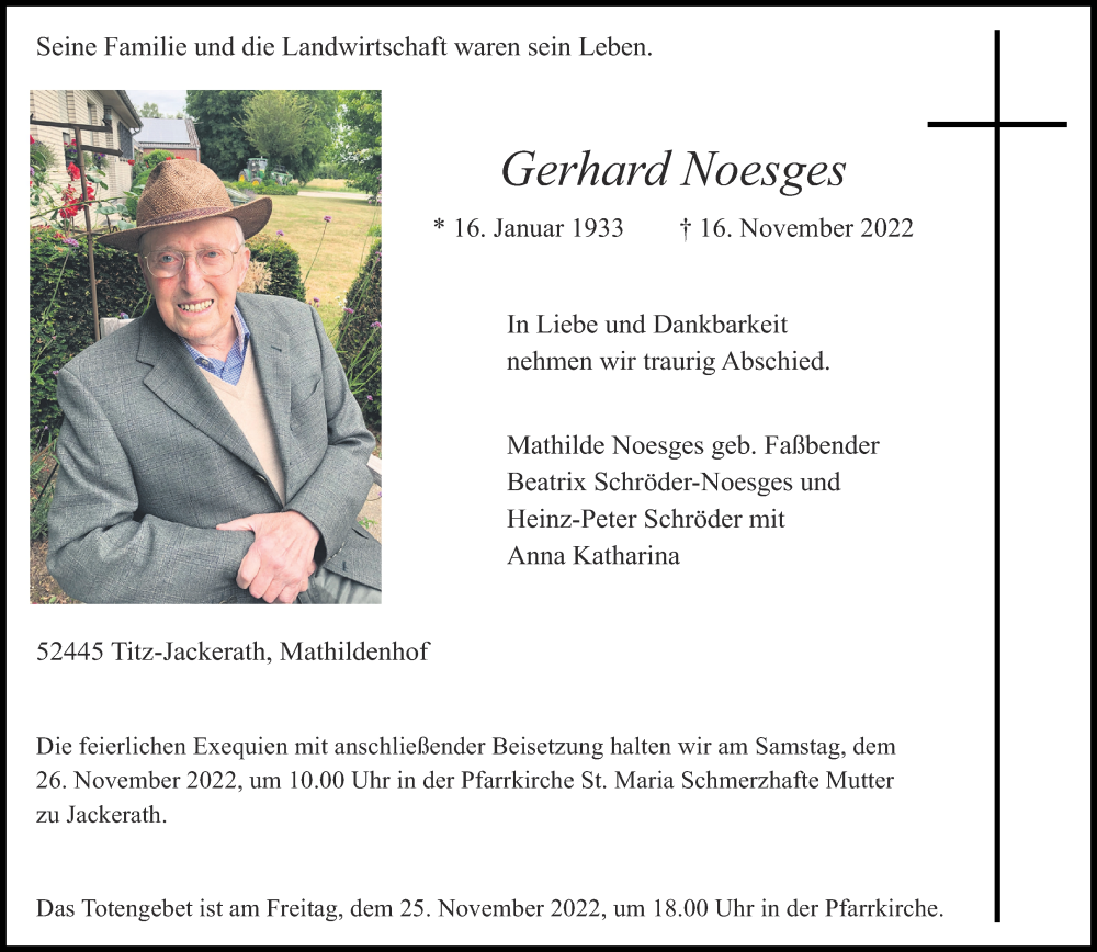  Traueranzeige für Gerhard Noesges vom 19.11.2022 aus Aachener Zeitung / Aachener Nachrichten