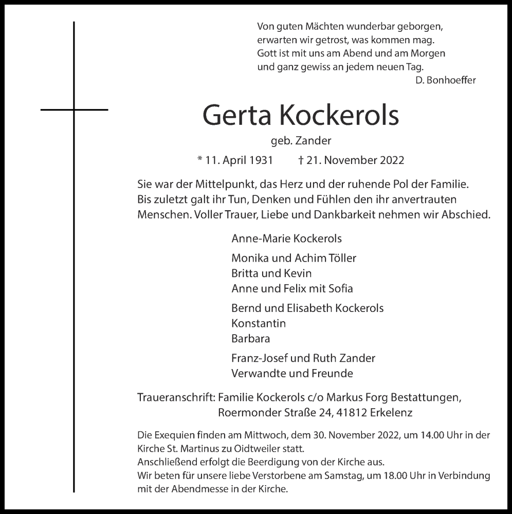  Traueranzeige für Gerta Kockerols vom 27.11.2022 aus Zeitung am Sonntag
