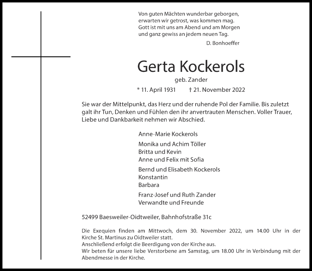  Traueranzeige für Gerta Kockerols vom 26.11.2022 aus Aachener Zeitung / Aachener Nachrichten