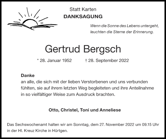 Traueranzeige von Gertrud Bergsch von Zeitung am Sonntag